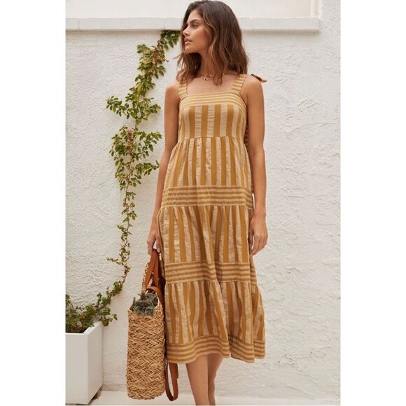 Anthropologie Dresses & Skirts - NEW Anthropologie Blue Tassel Gold Shoulder-Tie Tiered Midi Dress Medium X-Small